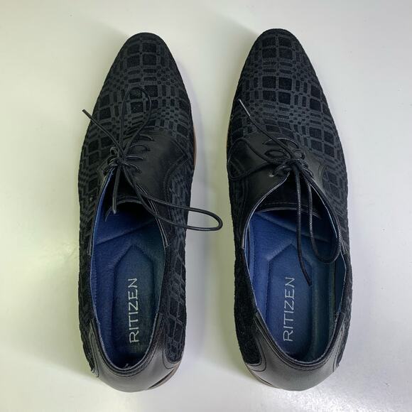 RITIZEN‎ Derby Oxford Dress Shoes Textured Velvet Leather Lace Up Black Plaid - Picture 6 of 11